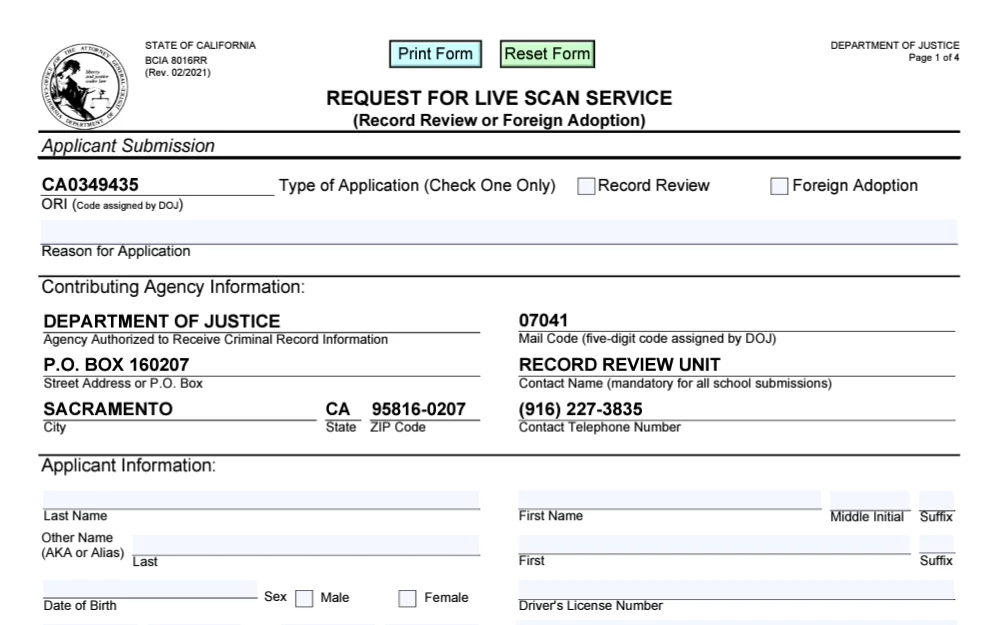A screenshot of the form people in California or the U.S. use to request a personal review check.
