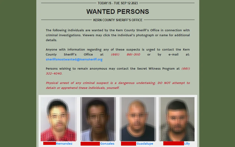 A screenshot of the most wanted list that has mugshots, and the dataset of the absconders displays information such as warrant numbers, what they are wanted for, and physical descriptors.