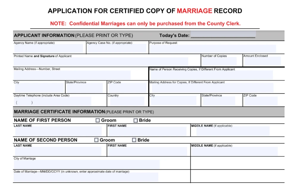 A screenshot of an application for a certified copy of the marriage record that requires information such as the applicant's information and marriage certificate information from the Kern County Assessor Recorder website.