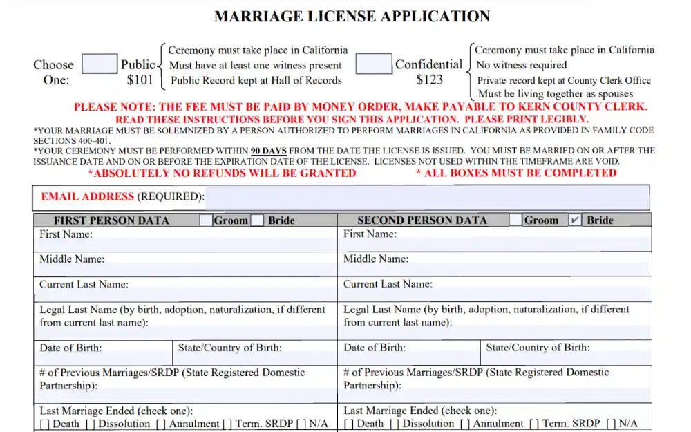 A screenshot of the marriage license application that requires information such as first, middle, and current last name, legal last name, date of birth, country of birth, and information regarding previous marriages from the Kern County Clerk's Office website.