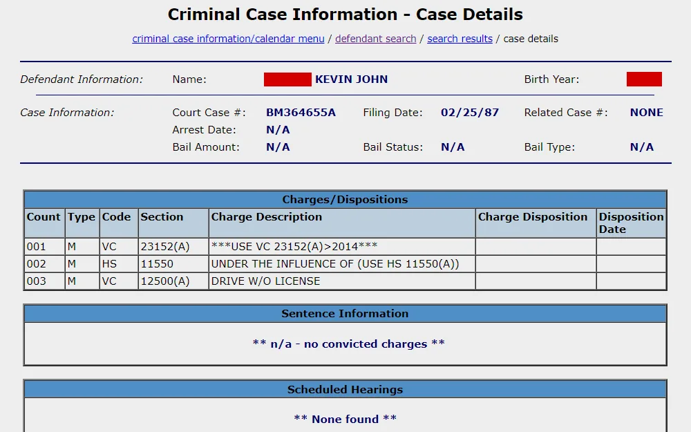 A screenshot of the case details of an individual from the Kern County Superior Court, showing the defendant's name, birth year, case number, filing date, arrest date, bail amount, bail status, bail type, and charges.
