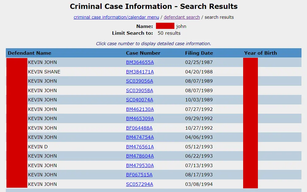 Screenshot of the results from the criminal case information search of Kern County Superior Court, listing the defendants' names, case numbers, filing dates, and birth years.