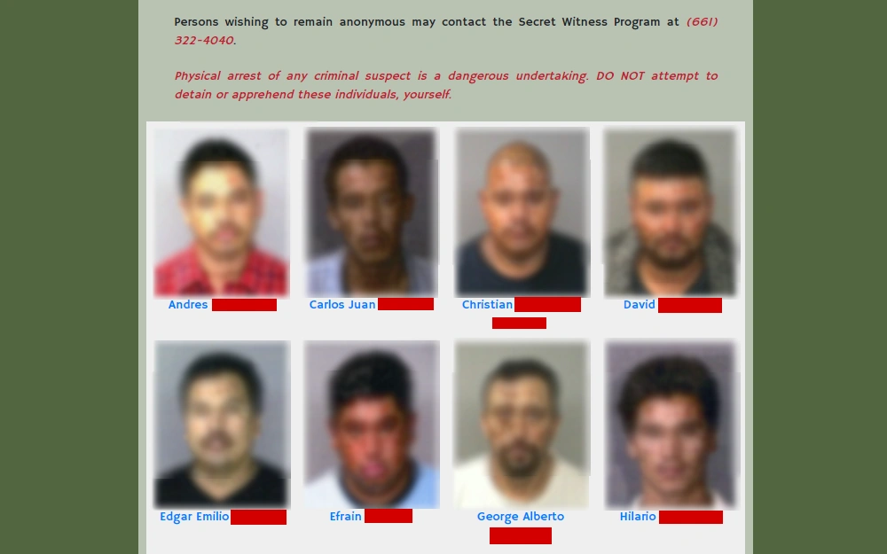 Screenshot from the sheriff's office displaying the mugshots and names of the wanted persons in the county.