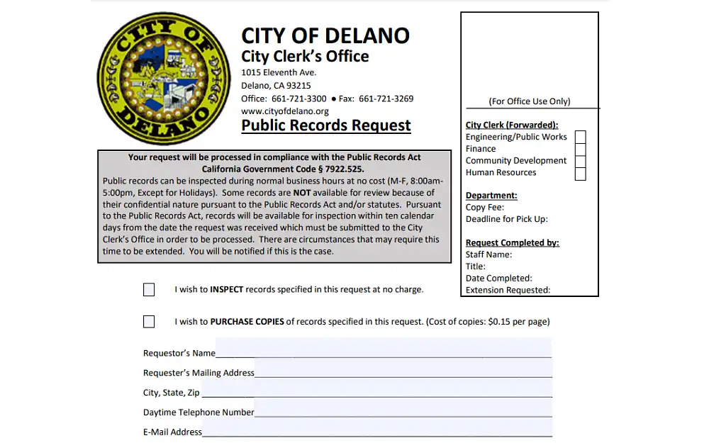 A screenshot showing a public records request form requiring some information such as the requestor's name and mailing address, city, state, ZIP code, daytime, telephone number, and email address.