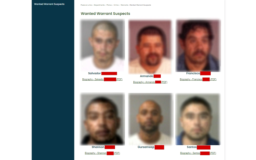 A screenshot from the police department of Bakersfield showing the names and mugshots of the wanted suspects.