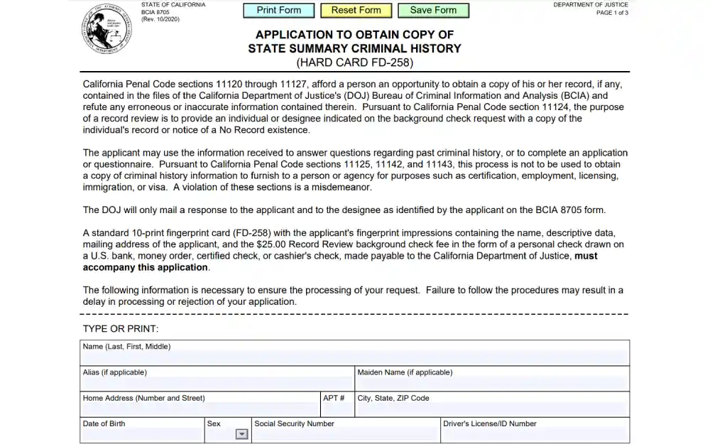 A screenshot of an application form from the State of California for requesting a hard copy of a state summary criminal history record, detailing the necessary steps and information required for processing.