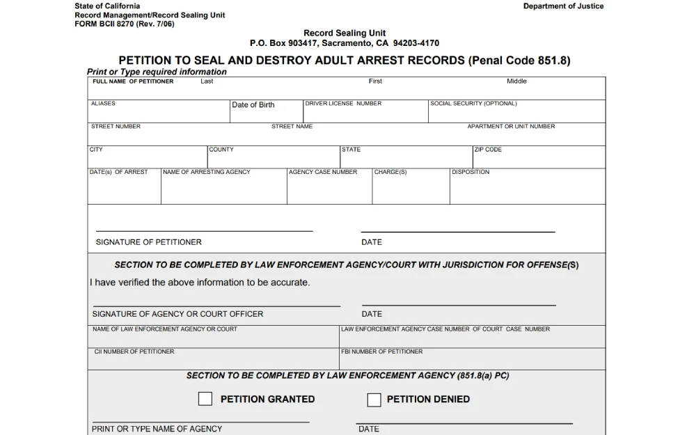 A screenshot of a State of California legal form for petitioning to seal and destroy adult arrest records, including sections for petitioner information, arrest details, and law enforcement verification.