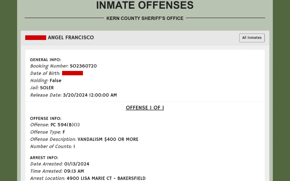 A screenshot from Kern County Sheriff's Office page showing inmate details including booking number, date of birth, jail location, scheduled release date, and charges for vandalism with the offense's financial threshold.