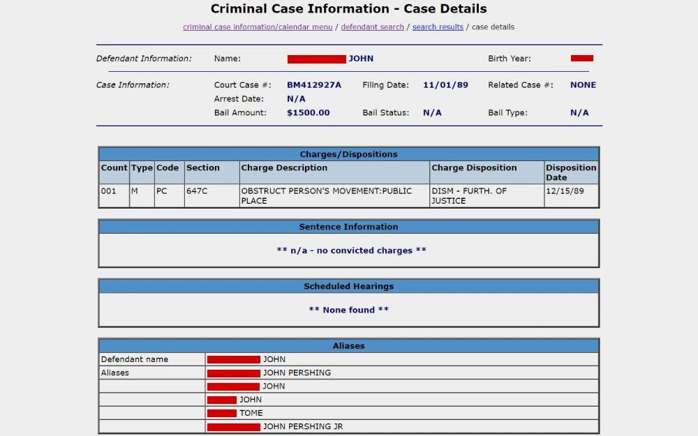 A screenshot of a criminal case information showing defendant information, case number, charges with descriptions, and disposition information including the date and status.