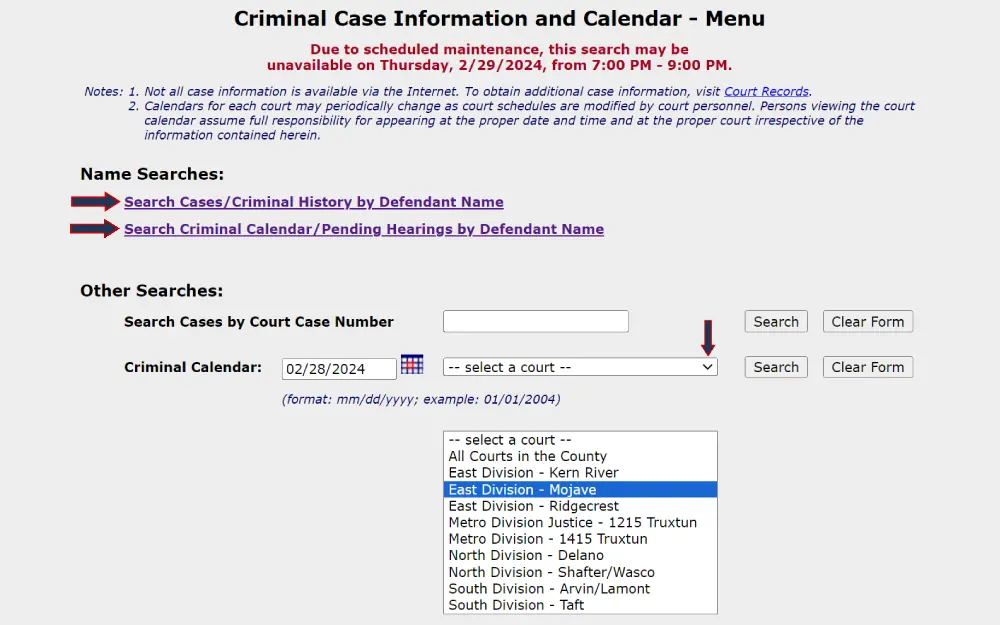 A screenshot from the Kern County Superior Court detailing options to search for case information by defendant name or court calendar, with a note on scheduled maintenance and a disclaimer about case information availability.