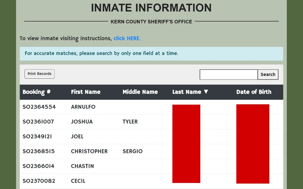 A screenshot of the search feature that can locate inmates by their inmate number or names and displays information such as date of birth, arrest date/time, and bail amount.