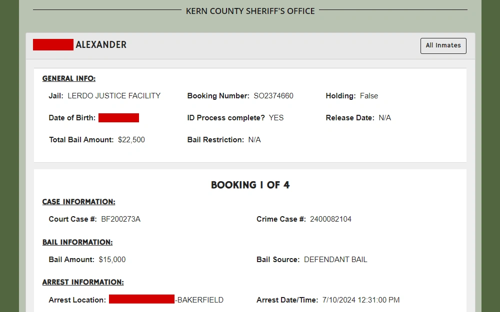 A screenshot of an inmate's information from the Kern County Sheriff's Office displays the name, birthdate, booking number, jail, case information, bail information, and arrest information.